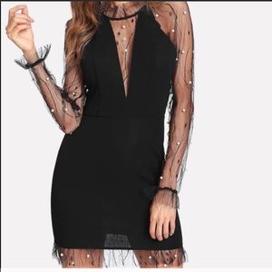 Pearl Embellished mesh black mini dress